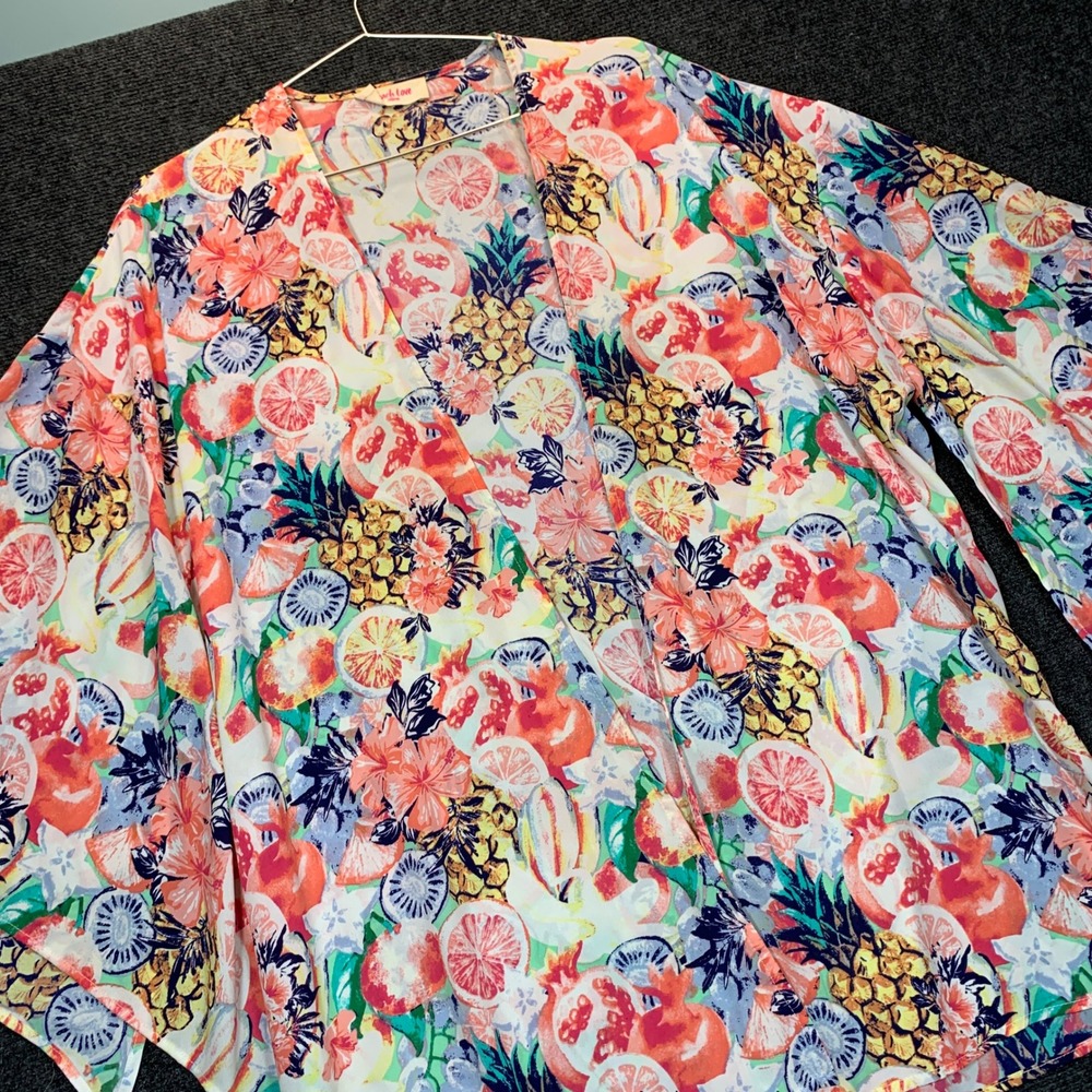 Peach Love Kimono Wrap S Oversized Floral Fruit Tropical Resortwear Coastal